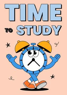 Back to school retro character. Time to study. Cute walking alarm clock wit.. Stock Illustration