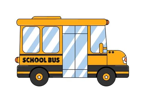Back to school retro cute character. Funny school bus. Funky groovy element.. Illustrazione stock