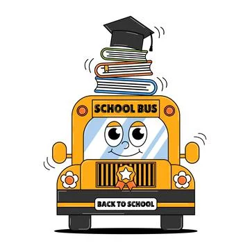 Back to school retro cute character. Funny school bus with books and gradua.. Stock Illustration