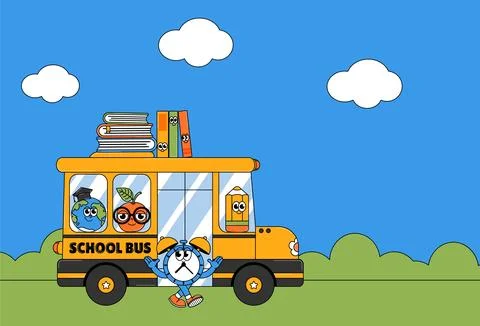 Back to school retro cute character. Funny school bus, apple, earth, alarm .. Stock Illustration