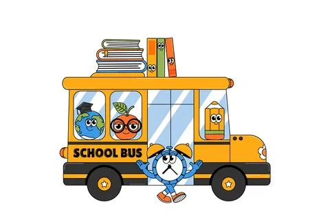 Back to school retro cute character. Funny school bus, apple, earth, alarm .. Stock Illustration
