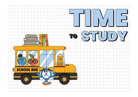 Back to school retro cute character. Funny school bus, apple, earth, alarm .. Stock Illustration