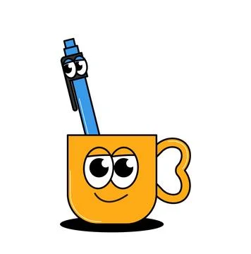 Back to school retro funky character. Funny mug and pen with cute faces. Gr.. Illustrazione stock