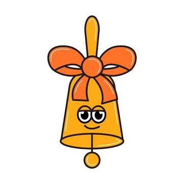 Back school retro funky character. Funny bell with bow and cute face. Funky.. Stock Illustration