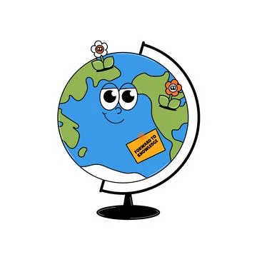 Back to school retro funky character. Cute Earth globe with flowers and sti.. Stock Illustration