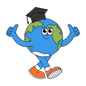 Back to school retro funky character. Cute walking Earth globe with graduat.. Stock Illustration