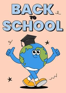Back to school retro funky character. Cute walking Earth globe with graduat.. Illustrazione stock