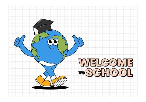 Back to school retro funky character. Welcome to school. Cute walking Earth.. Stock Illustration