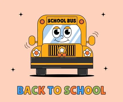 Back school retro poster. Education concept. School bus with cute face and .. Stock Illustration