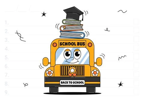 Back school retro poster groovy style. Cute school bus with books and gradu.. Stock Illustration