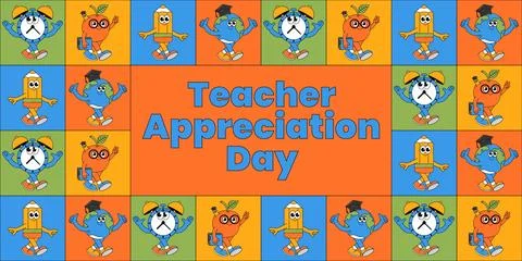 Back school retro poster with retro groovy characters in a squares. Teacher.. Stock Illustration