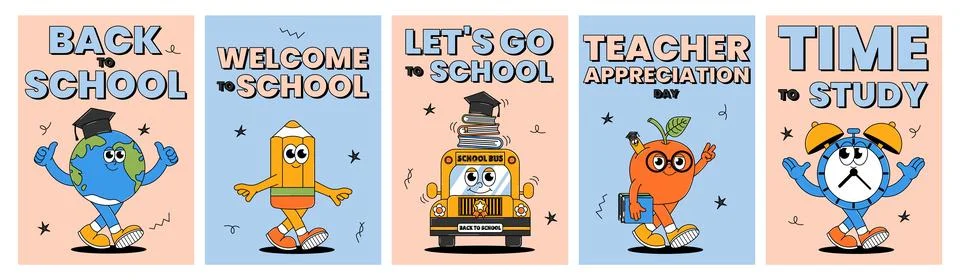 Back school retro poster set. Education concept with retro groovy character.. Stock Illustration