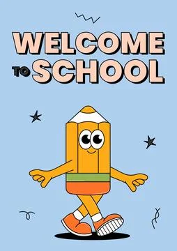 Back school retro poster. Welcome to school. Education concept. Funny walki.. Stock Illustration
