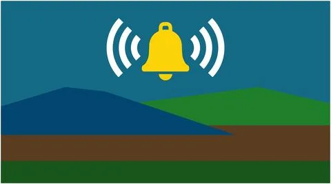 Back to School Ringing bell icon above a hilly landscape with notification .. Ilustração Stock