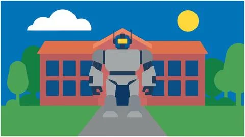 Back to School Robot standing in front of school building with education te.. Stock Illustration