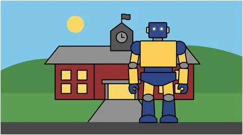 Back to School Robot standing next to school building with clock tower educ.. Stock Illustration