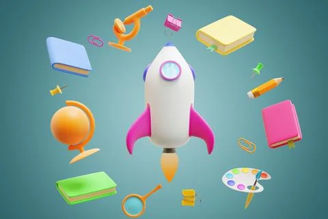 Back to school. Rocket cartoon surrounded by educational elements. Stock Illustration