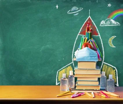 Back To School - Rocket Drawing With School Supplies Stock Photos