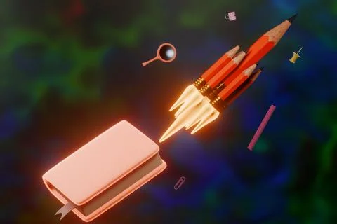 Back to school.A rocket made of pencils takes off beside a book Illustrazione stock