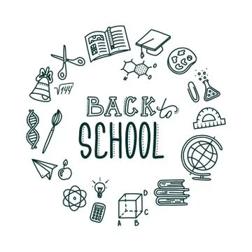 Back to school round banner. Hand drawn objects needed in school. Vector Stock Illustration
