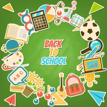 Back to school rounded element stickers on blackboard Stock Illustration