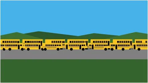 Back to School Row of yellow school buses on rural road illustration with t.. Stock Illustration