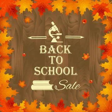 Back to school sale background with frame of leaves with design elements, books Stock Illustration