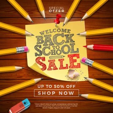 Back to School Sale Design with Graphite Pencil, Eraser and Sticky Notes on Stock Illustration