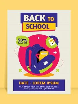 Back to School Sale Poster with Backpack Illustration. Colorful Sale Off Design Illustrazione stock