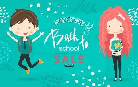 Back to school sale vector background with students. Vector illustration for Illustrazione stock