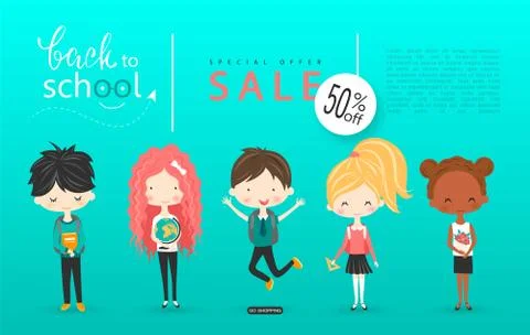 Back to school sale vector background with schoolchildren. Vector illustration Illustrazione stock