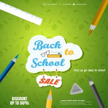 Back to school sale vector poster with a checkered piece of paper, pencils, e Stock Illustration