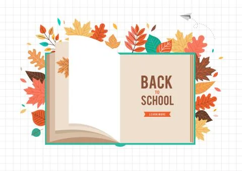 Back to school scene with big book and autumn, fall leaves. College, school and Stock Illustration