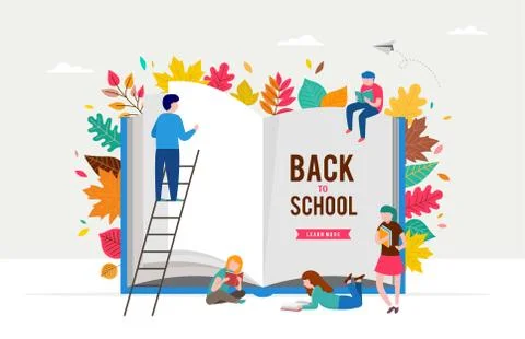 Back to school scene with big book and miniature people, children playing with Stock Illustration