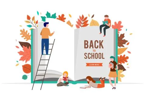 Back to school scene with big book and miniature people, children playing with Stock Illustration