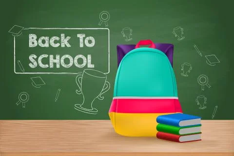 Back to School, School Bag and Books on Wooden Table Stock Illustration