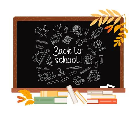 Back to school. School board with chalk drawings, stacks of books and autumn Stock Illustration