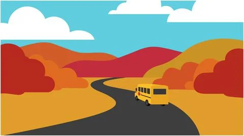 Back to School School bus driving on road through autumn landscape with lan.. Stock Illustration