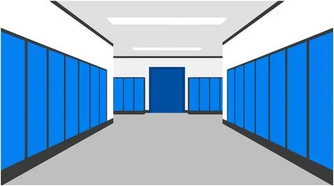 Back to School School hallway with blue lockers and open doorway corridor e.. Stock Illustration