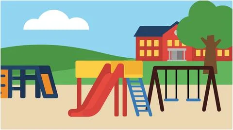 Back to School School playground illustration with slide swings and school .. Stock Illustration