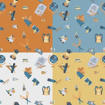 Back to School School Seamless Pattern. Four Background in Different Color... Stock Photos