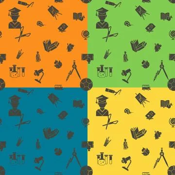 Back to School School Seamless Pattern. Four Background in Different Color... Stock Photos