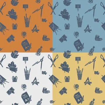 Back to School School Seamless Pattern. Four Background in Different Color... Stock Photos