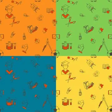 Back to School School Seamless Pattern. Four Background in Different Color... Foto stock