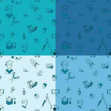 Back to School School Seamless Pattern. Four Background in Different Color... Foto stock