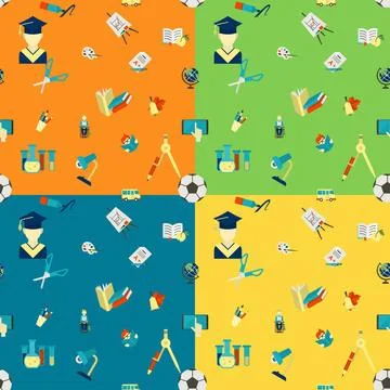 Back to School School Seamless Pattern. Four Background in Different Color... Foto stock