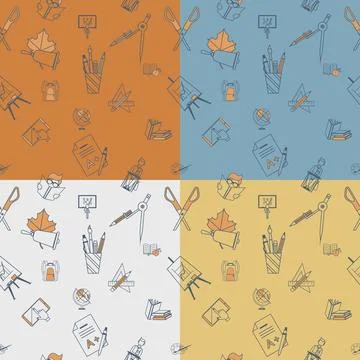 Back to School School Seamless Pattern. Four Background in Different Color... Foto stock