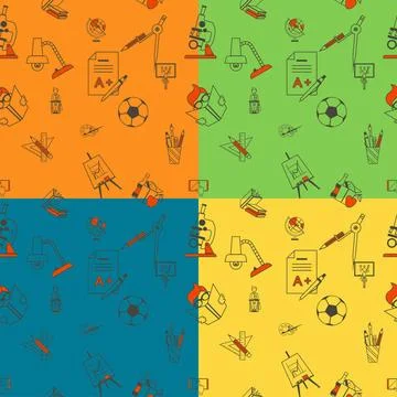 Back to School School Seamless Pattern. Four Background in Different Color... Stock Photos