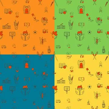Back to School School Seamless Pattern. Four Background in Different Color... Stock Photos