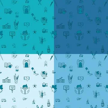 Back to School School Seamless Pattern. Four Background in Different Color... Stock Photos